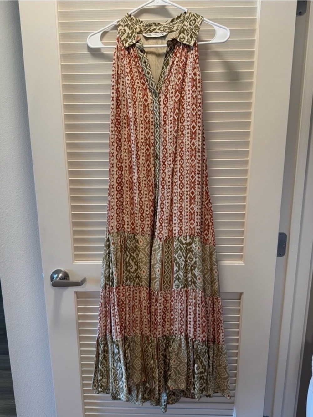 ZARABoho Patterned Halter Maxi Dress in Rust & Olive - Size S